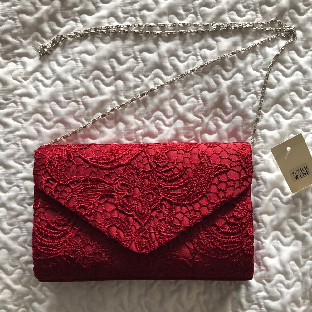 Scarlet Red Satin/Lace Evening Bag or Clutch with chain strap